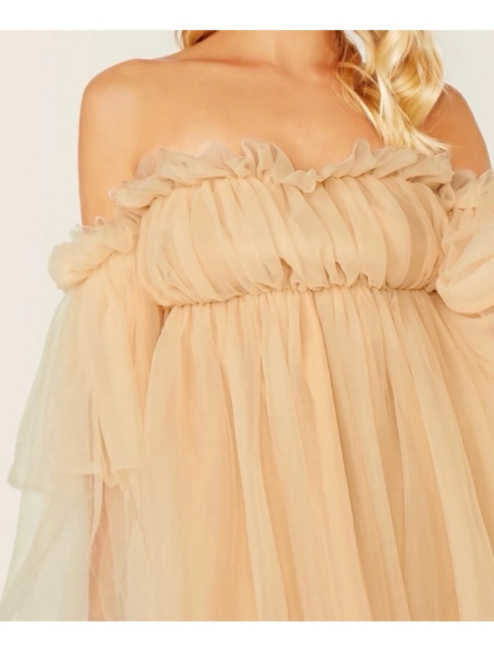 ReminisceMe:Ruffle off the shoulder Mesh Dress Fairy Layer Cream Sz S NWOT FIRM$ - Picture 9 of 13